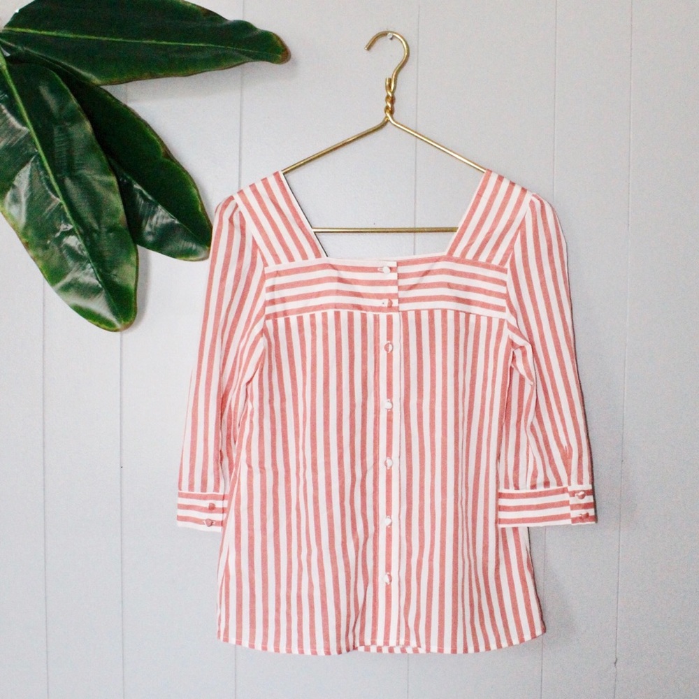 •SAINT&NOBLE• Striped Square Neck 3/4 Sleeve Top